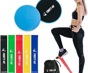 Thirty48 Gliding Discs Core Sliders and 5 Exercise Resistance Bands | Strength, Stability, and Crossfit Training for Home, Gym, Travel | User Guide & Carry Bag