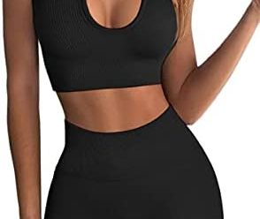 FAFOFA Workout Outfits for Women 2 Piece Ribbed Seamless Crop Tank High Waist Yoga Leggings Sets