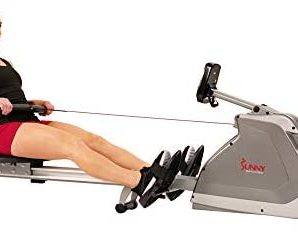 Sunny Health & Fitness Magnetic Rowing Machine Rower with Dual Resistance, Programmable Monitor, 300 LB Max Weight and Foldable Quiet Aluminum Slide Rail – SF-RW5854,Gray