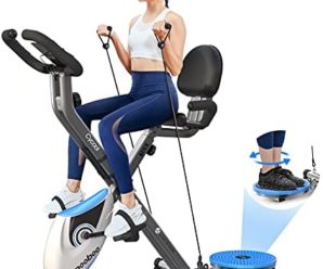 cycool Foldable Exercise Bike Magnetic Stationary Bikes Indoor Cardio Training Cycle with Comfortable Seat Cushion,Twister Plate and Arm Resistance Bands Workout Bicycle