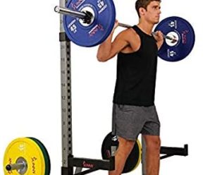 Sunny Health & Fitness Power and Squat Rack with High Weight Capacity, Olympic Weight Plate Storage and 360° Swivel Landmine and Power Band Attachment