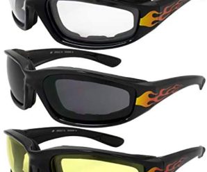 3 Motorcycle Flame Sunglasses Glasses Padded Black frames with Fire on sides, lenses that are shatter resistant polycarbonate, rated UV400 Anti-Fog coated each lens Clear Smoked Yellow Each comes with a soft micro-fiber bag to store them in Also has comfortable rubber ear pads!These float if you are near or around water a lot.If you drop them in water they will float on the surface