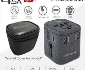 Alphasonik APA100 USB Worldwide Universal International Travel Power Adapter AC Wall Charger Plug 4 USB Ports Type-C Fast Charging 3.0A for USA European Cell Phone Tablet Laptop iPhone W/Travel Case