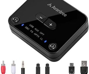 Avantree Audikast Plus Bluetooth 5.0 Transmitter for TV with Volume Control, aptX Low Latency Audio Adapter for 2 Headphones (Optical, AUX, RCA, USB), Class 1 Long Range 100ft – No Receiver Mode