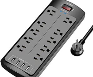 Power Strip with 8 Ft, YINTAR Surge Protector with 10 Outlets and 4 USB Ports, 8 Feet Flat Plug Extension Cord (1875W/15A) for for Home, Office, Dorm Essentials, 2100 Joules, ETL Listed, – Black