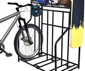 Lycklig Bike Rack for Garage Floor Parking Stand for 3 Bicycles, Bike Stand Rack with Storage Basket, Free Standing Bicycle Rack for Road, Mountain, Hybrid, Adult or Kids Bike, Black