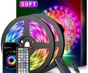 50Ft LED Strip Lights Music Sync Color Changing RGB LED Strip 44-Key Remote, Sensitive Built-in Mic, App Controlled LED Lights Rope Lights, 5050 RGB LED Light Strip(APP+Remote+Mic+3 Button Switch)