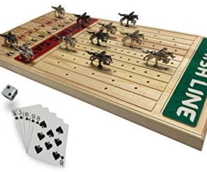 FINENI Horse Racing Board Game with Luxurious Durable Classic Metal Horses, 11 Pieces, 2 Colors (5 Black, 6 Silver), Real Pine Wood Horseracing Game Board, Dice and Cards