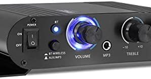 Wireless Bluetooth Home Audio Amplifier – 90W Dual Channel Mini Portable Power Stereo Sound Receiver w/ Speaker Selector, RCA, AUX, LED, 12V Adapter – For iPad, iPhone, PA, Studio Use – Pyle PFA330BT