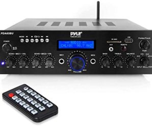 Wireless Bluetooth Power Amplifier System – 200W Dual Channel Sound Audio Stereo Receiver w/ USB, AUX, MIC IN w/ Echo, Radio – For Home Theater Entertainment via RCA, Studio Use – Pyle PDA65BU,Black