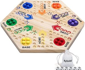 Aggravation Board Game Original Marble Game Wahoo Board Game Double Sided Painted 6 and 4 Player Wooden Fast Track Board Game with 6 Colors 24 Marbles 6 Dice and Velvet Draw Bag for Adults Kids Family