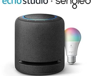 Echo Studio – High-fidelity smart speaker with Sengled Bluetooth Color bulb – Alexa smart home starter kit