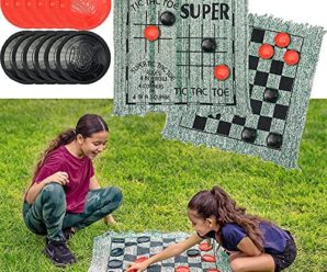 JOYIN 3-in-1 Vintage Giant Checkers and Tic Tac Toe Game with Reversible Mat (30″x 30″), 24 Chips, Family Board Game, Lawn Game, BBQ Party Favor, Indoor and Outdoor Activity for Kids and Adults